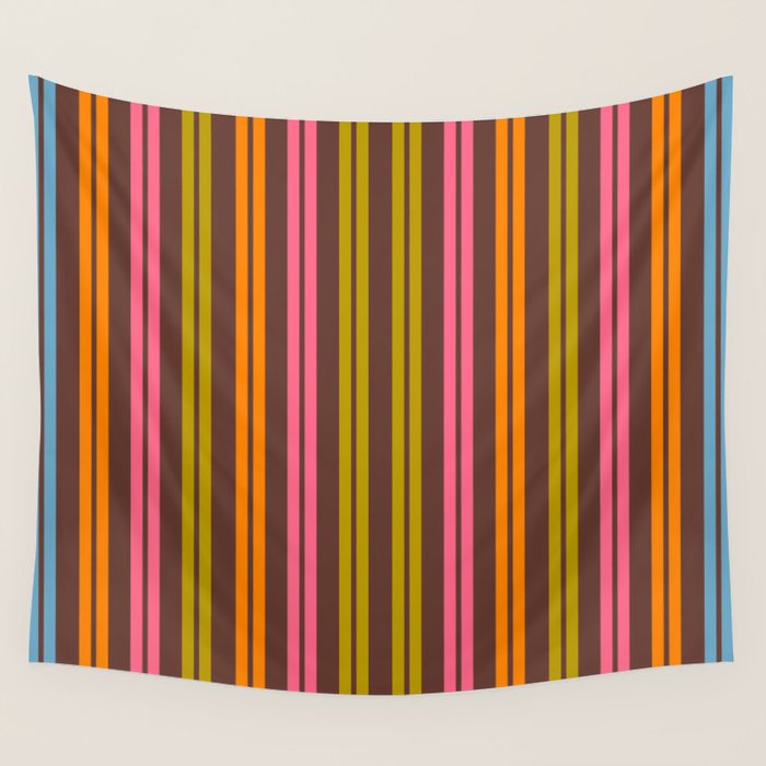 Eclectic Double Stripe Vertical Retro Modern Pattern in Brown Lime Pink Orange Wall Tapestry Gallery Image 4