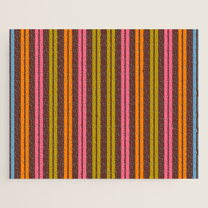 Eclectic Double Stripe Vertical Retro Modern Pattern in Brown Lime Pink Orange Jigsaw Puzzle Gallery Image 1