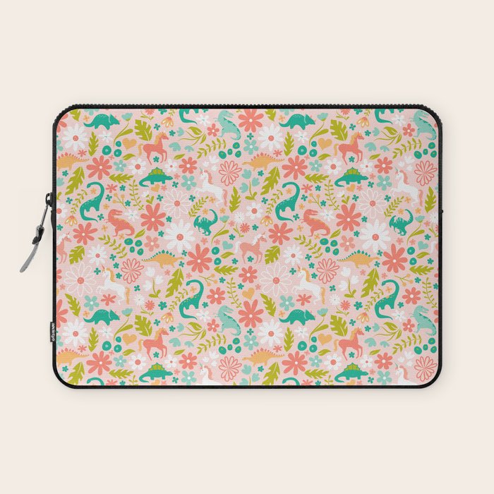 Dinosaurs + Unicorns in Pink + Teal Laptop Sleeve Gallery Image 1