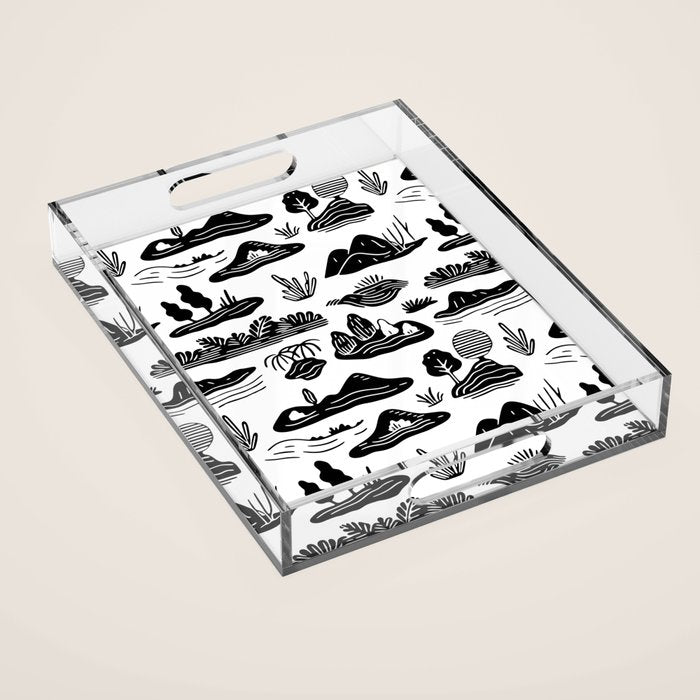 Black and white nature landscape doodle pattern Acrylic Tray Gallery Image 1