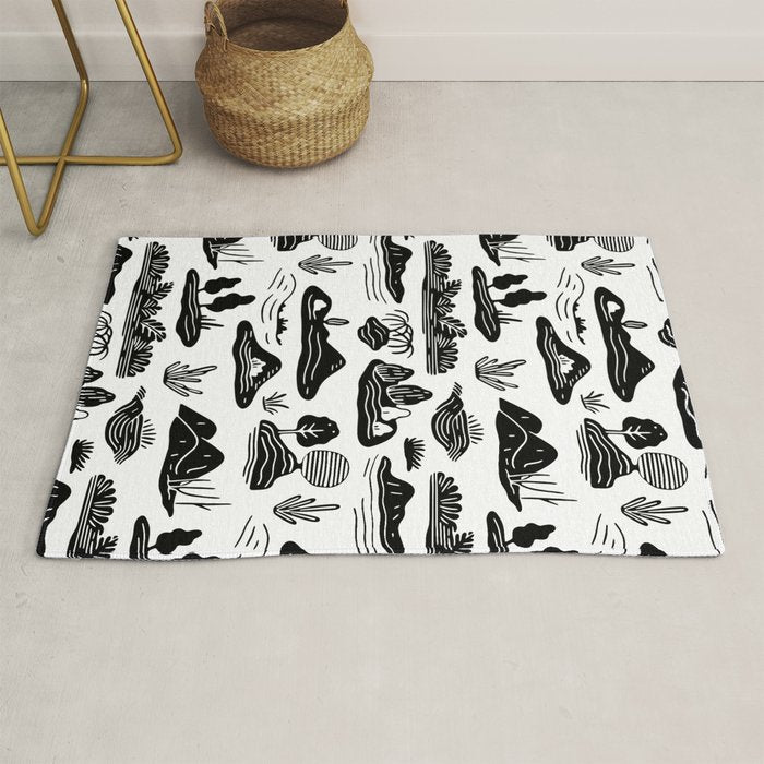 Black and white nature landscape doodle pattern Rug Gallery Image 1