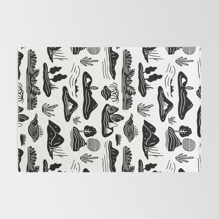 Black and white nature landscape doodle pattern Rug Gallery Image 2