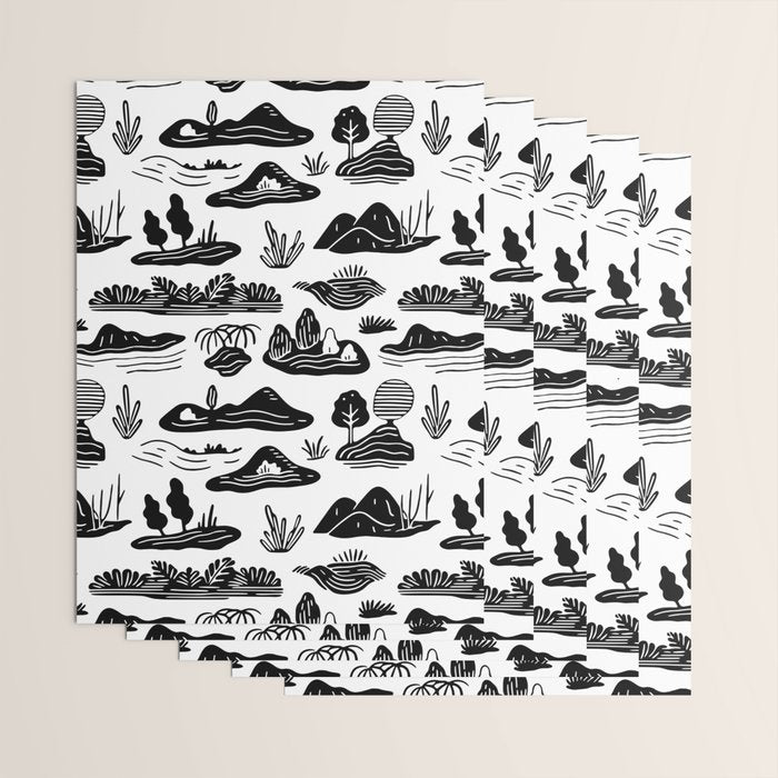 Black and white nature landscape doodle pattern Wrapping Paper Gallery Image 3