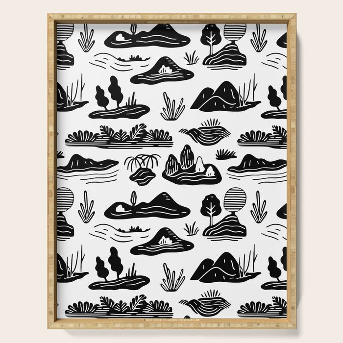 Black and white nature landscape doodle pattern Serving Tray Gallery Image 1