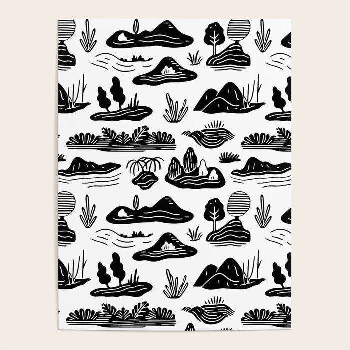 Black and white nature landscape doodle pattern Poster Gallery Image 1