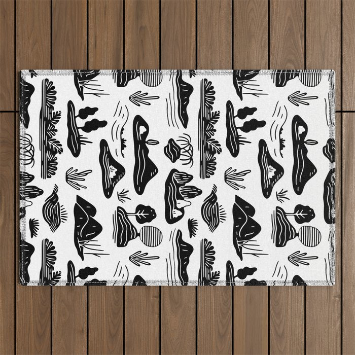 Black and white nature landscape doodle pattern Outdoor Rug Gallery Image 1