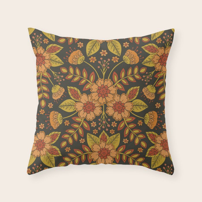 Orange, Peach, Olive Green & Dark Gray Floral Pattern Throw Pillow Gallery Image 6