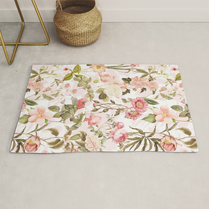 Vintage & Shabby Chic - Pink Sepia Summer Flowers Rug Gallery Image 1