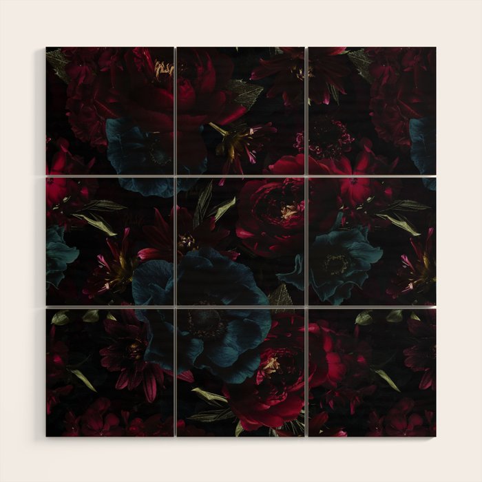 Vintage Black Dramatic Glamour Autumn Romanticism: Maximalism Moody Florals - Grand Millennial Burgundy And Teal Peonies Bouquets,  Nostalgic Gothic Mystic Night Flowers Wood Wall Art Gallery Image 1