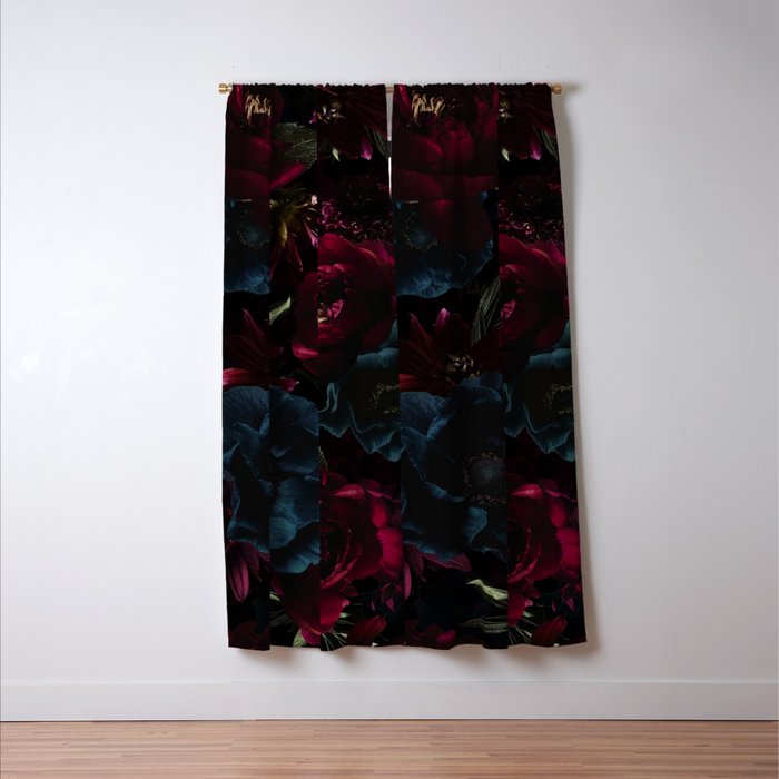 Vintage Black Dramatic Glamour Autumn Romanticism: Maximalism Moody Florals - Grand Millennial Burgundy And Teal Peonies Bouquets,  Nostalgic Gothic Mystic Night Flowers Window Curtain Gallery Image 3