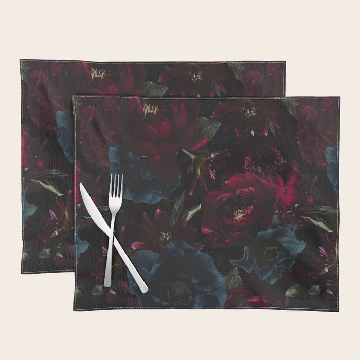 Vintage Black Dramatic Glamour Autumn Romanticism: Maximalism Moody Florals - Grand Millennial Burgundy And Teal Peonies Bouquets,  Nostalgic Gothic Mystic Night Flowers Placemat Gallery Image 1
