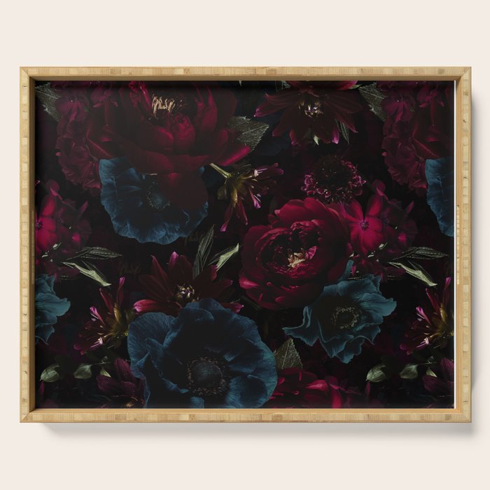 Vintage Black Dramatic Glamour Autumn Romanticism: Maximalism Moody Florals - Grand Millennial Burgundy And Teal Peonies Bouquets,  Nostalgic Gothic Mystic Night Flowers Serving Tray Gallery Image 1