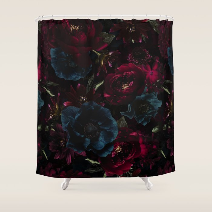 Vintage Black Dramatic Glamour Autumn Romanticism: Maximalism Moody Florals - Grand Millennial Burgundy And Teal Peonies Bouquets,  Nostalgic Gothic Mystic Night Flowers Shower Curtain Gallery Image 1