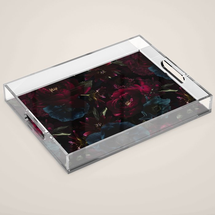 Vintage Black Dramatic Glamour Autumn Romanticism: Maximalism Moody Florals - Grand Millennial Burgundy And Teal Peonies Bouquets,  Nostalgic Gothic Mystic Night Flowers Acrylic Tray Gallery Image 1