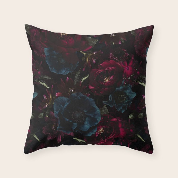 Vintage Black Dramatic Glamour Autumn Romanticism: Maximalism Moody Florals - Grand Millennial Burgundy And Teal Peonies Bouquets,  Nostalgic Gothic Mystic Night Flowers Throw Pillow Gallery Image 6