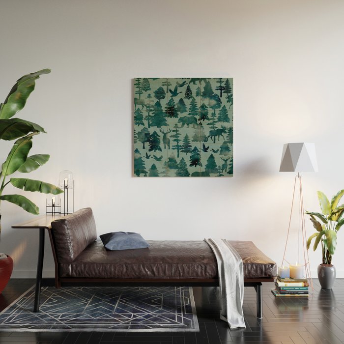 The Wild North, Wildlife, Blue Silhouette Forest and Animal Print Wood Wall Art Gallery Image 2