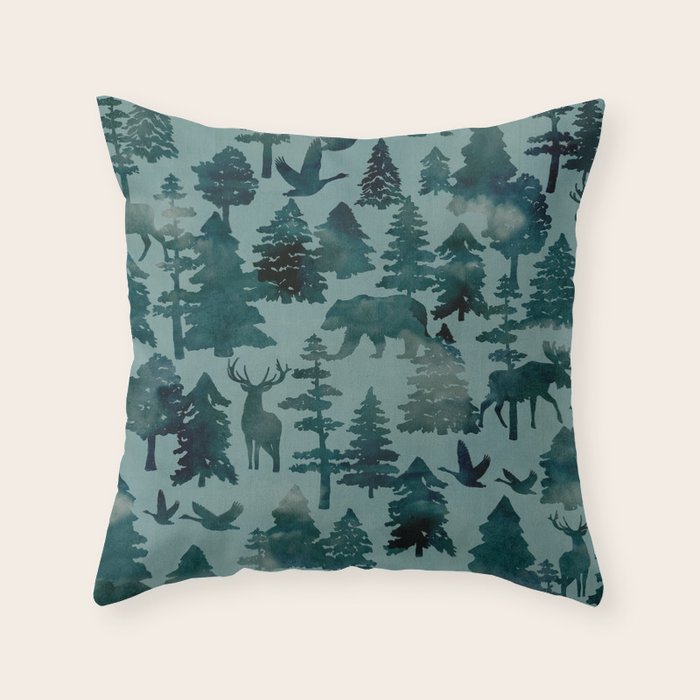 The Wild North, Wildlife, Blue Silhouette Forest and Animal Print Throw Pillow Gallery Image 6