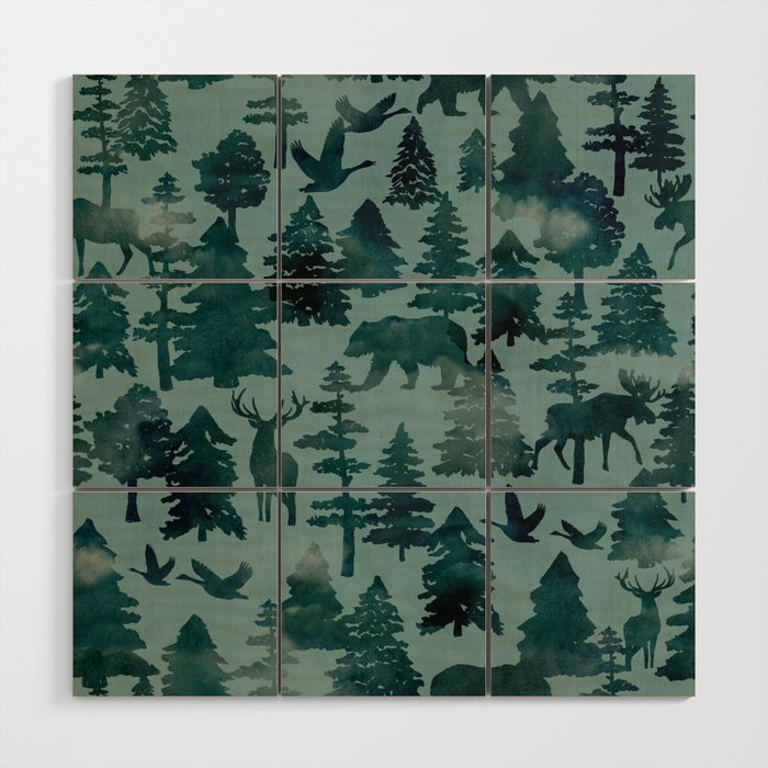 The Wild North, Wildlife, Blue Silhouette Forest and Animal Print Wood Wall Art Gallery Image 1