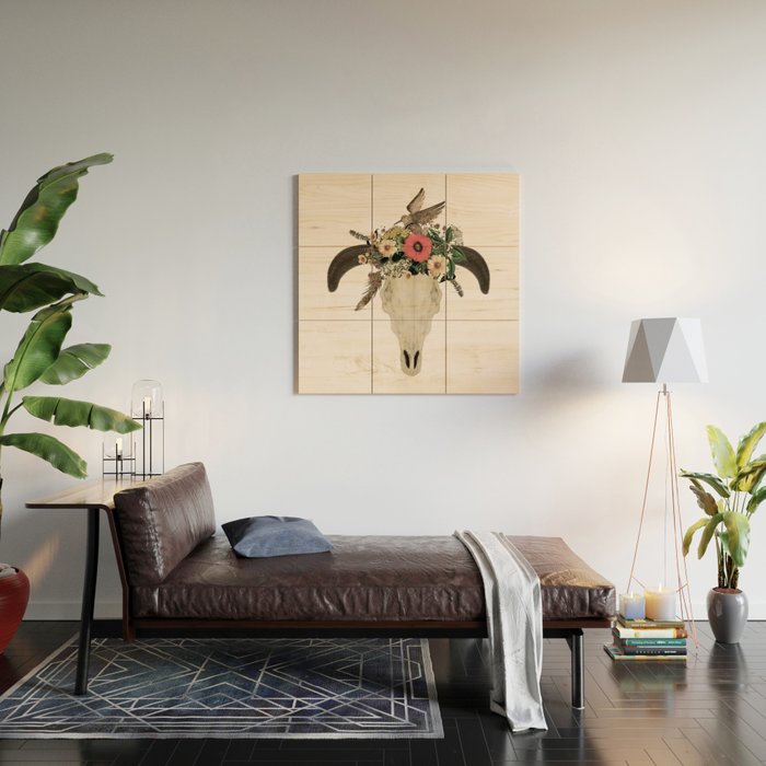 cow skull flowers Wood Wall Art Gallery Image 2