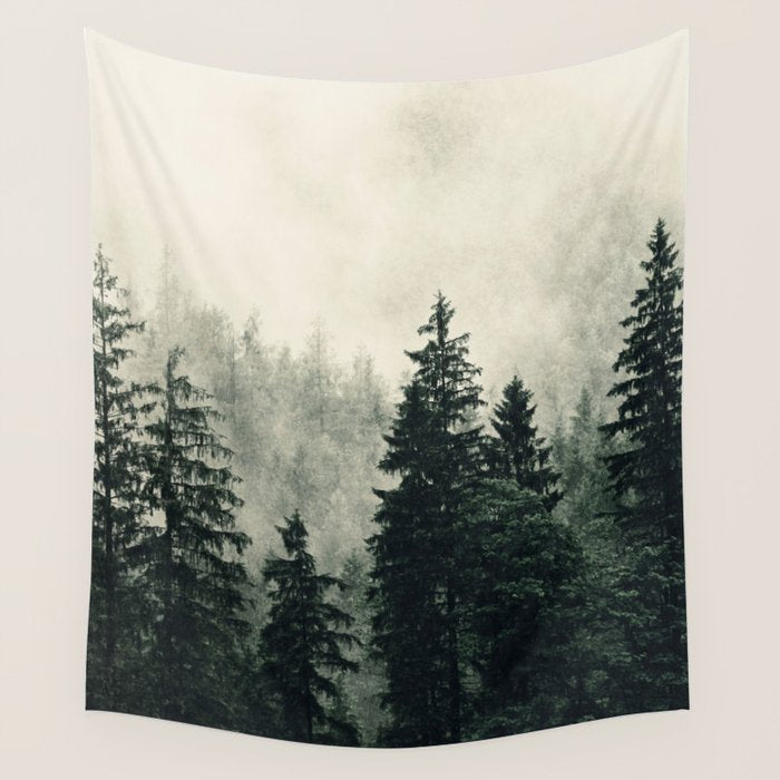 Thick pine forest in the descending mist Wall Tapestry Gallery Image 4