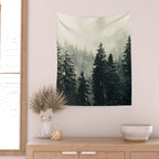 Thick pine forest in the descending mist Wall Tapestry Gallery Image 2