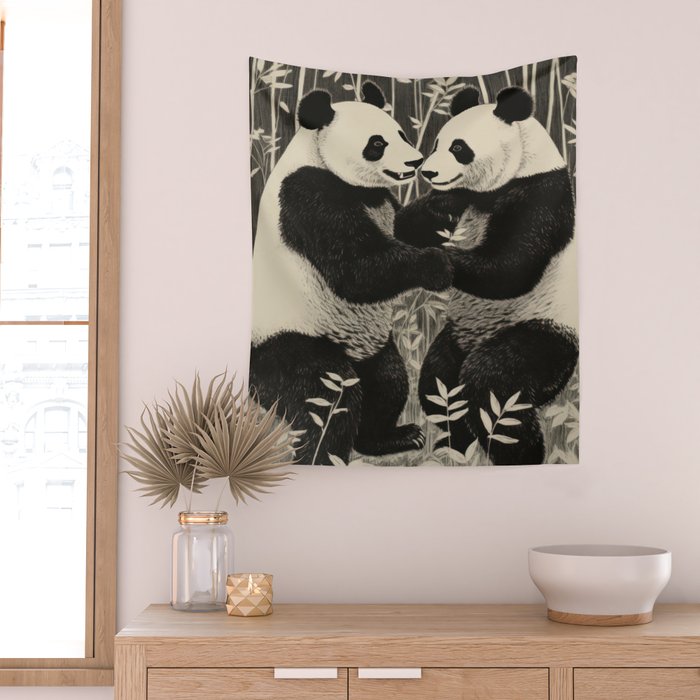 Bamboo Panda Dancing Pair Wall Tapestry Gallery Image 2