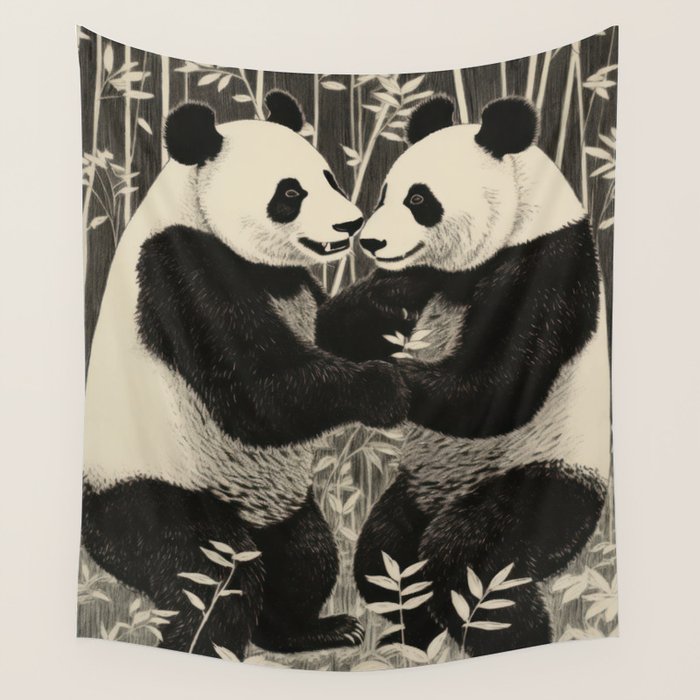 Bamboo Panda Dancing Pair Wall Tapestry Gallery Image 1