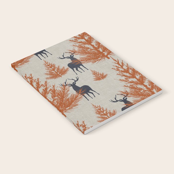 Christmas Trees and Deer, Faux Linen, Pattern, Beige, Terracotta and Blue Notebook Gallery Image 1