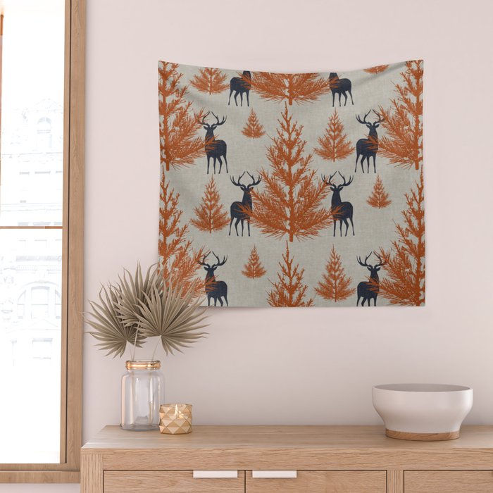 Christmas Trees and Deer, Faux Linen, Pattern, Beige, Terracotta and Blue Wall Tapestry Gallery Image 2