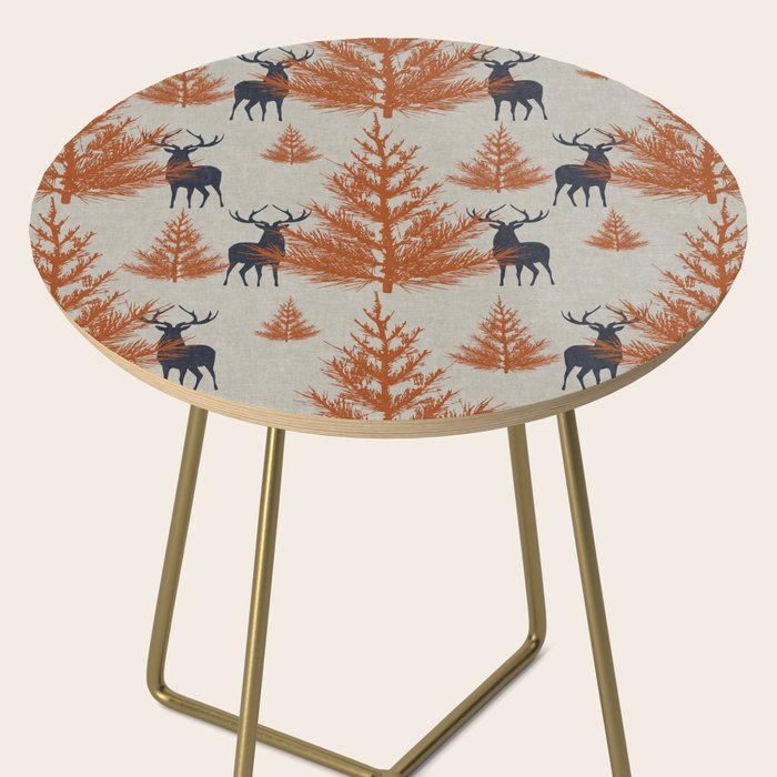 Christmas Trees and Deer, Faux Linen, Pattern, Beige, Terracotta and Blue Side Table Gallery Image 2