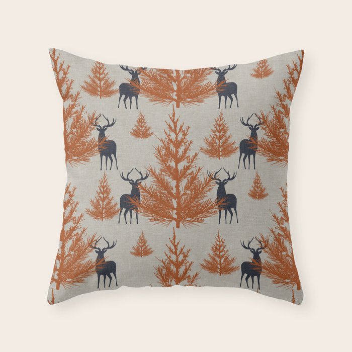 Christmas Trees and Deer, Faux Linen, Pattern, Beige, Terracotta and Blue Throw Pillow Gallery Image 6
