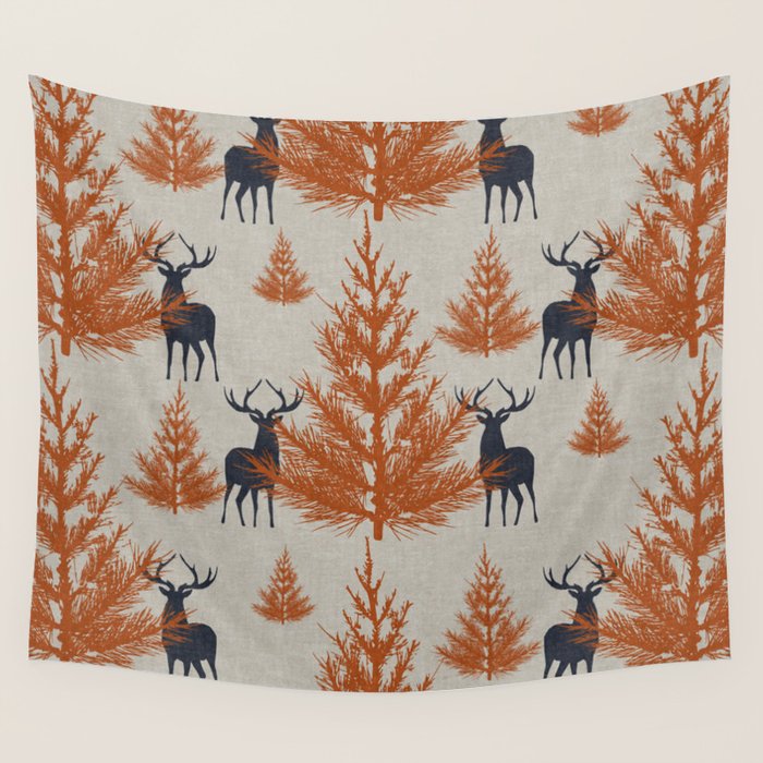 Christmas Trees and Deer, Faux Linen, Pattern, Beige, Terracotta and Blue Wall Tapestry Gallery Image 4