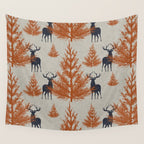 Christmas Trees and Deer, Faux Linen, Pattern, Beige, Terracotta and Blue Wall Tapestry Gallery Image 4