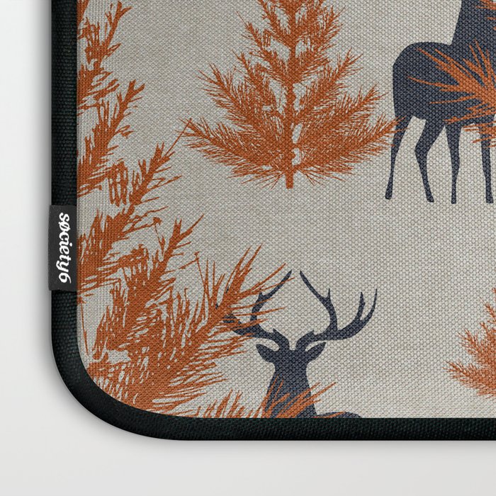 Christmas Trees and Deer, Faux Linen, Pattern, Beige, Terracotta and Blue Laptop Sleeve Gallery Image 3