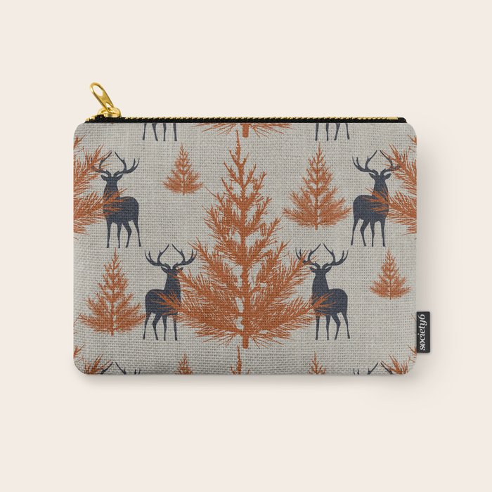 Christmas Trees and Deer, Faux Linen, Pattern, Beige, Terracotta and Blue Carry All Pouch Gallery Image 1