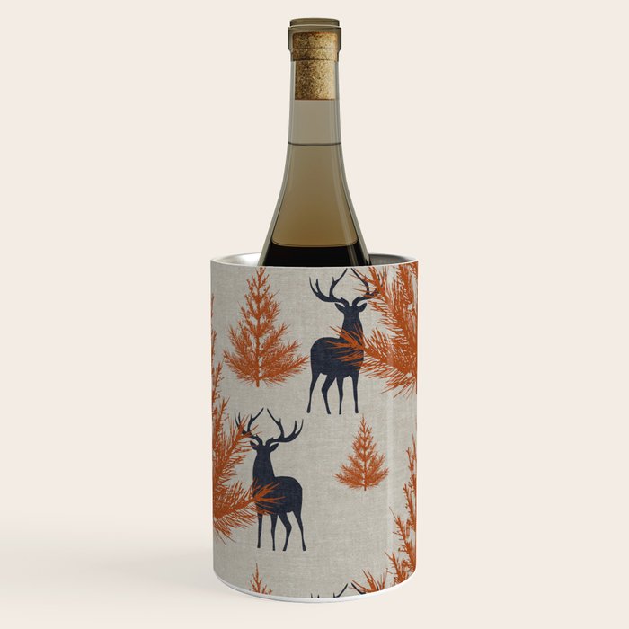 Christmas Trees and Deer, Faux Linen, Pattern, Beige, Terracotta and Blue Wine Chiller Gallery Image 3