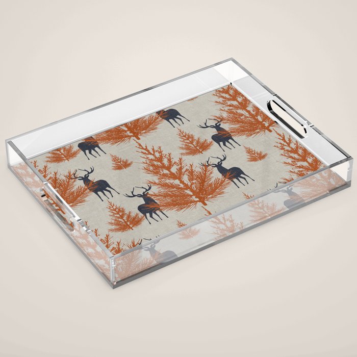 Christmas Trees and Deer, Faux Linen, Pattern, Beige, Terracotta and Blue Acrylic Tray Gallery Image 1