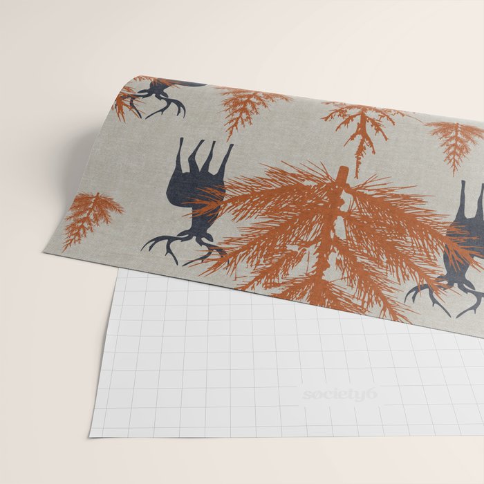 Christmas Trees and Deer, Faux Linen, Pattern, Beige, Terracotta and Blue Wrapping Paper Gallery Image 2