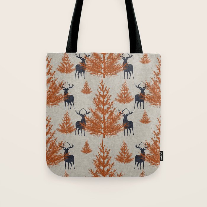 Christmas Trees and Deer, Faux Linen, Pattern, Beige, Terracotta and Blue Tote Bag Gallery Image 1