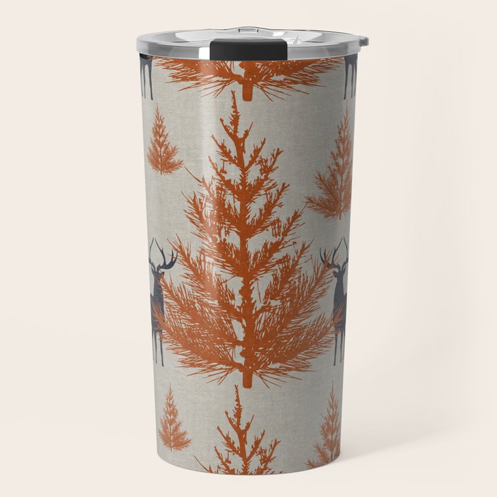 Christmas Trees and Deer, Faux Linen, Pattern, Beige, Terracotta and Blue Travel Mug Gallery Image 1