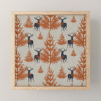 Christmas Trees and Deer, Faux Linen, Pattern, Beige, Terracotta and Blue Mini Art Print Gallery Image 1