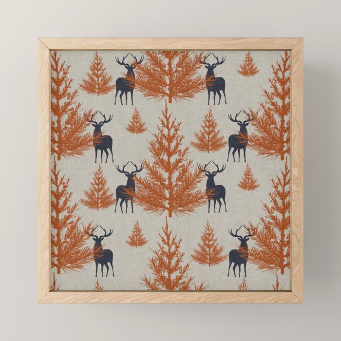 Christmas Trees and Deer, Faux Linen, Pattern, Beige, Terracotta and Blue Mini Art Print Gallery Image 1