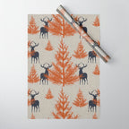 Christmas Trees and Deer, Faux Linen, Pattern, Beige, Terracotta and Blue Wrapping Paper Gallery Image 1