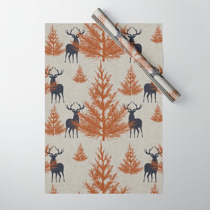Christmas Trees and Deer, Faux Linen, Pattern, Beige, Terracotta and Blue Wrapping Paper Gallery Image 1