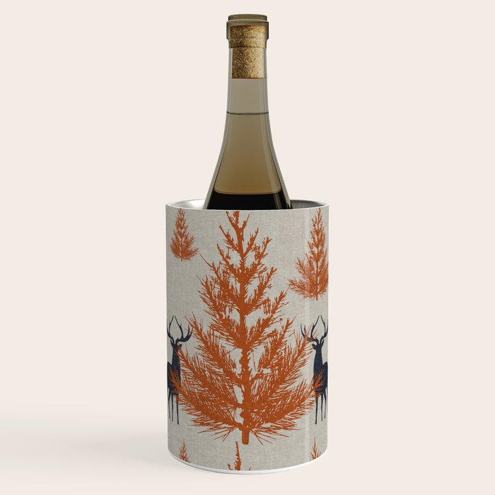Christmas Trees and Deer, Faux Linen, Pattern, Beige, Terracotta and Blue Wine Chiller Gallery Image 1