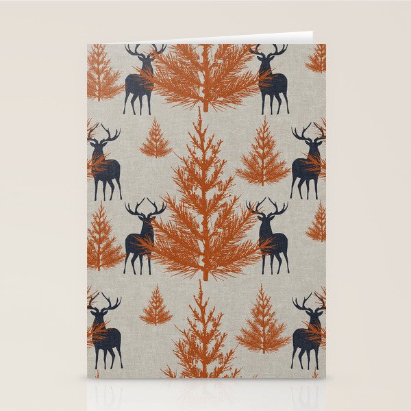 Christmas Trees and Deer, Faux Linen, Pattern, Beige, Terracotta and Blue Stationery Card Gallery Image 2