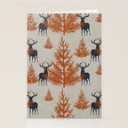 Christmas Trees and Deer, Faux Linen, Pattern, Beige, Terracotta and Blue Stationery Card Gallery Image 2