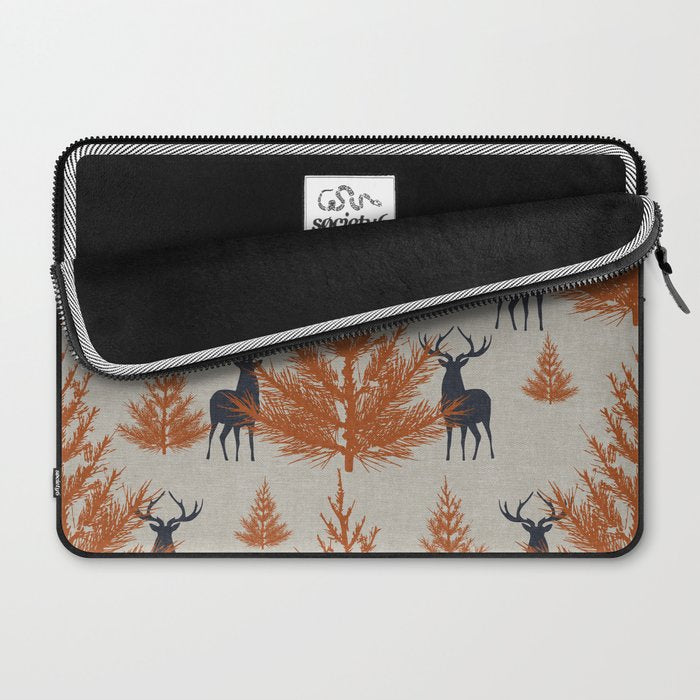 Christmas Trees and Deer, Faux Linen, Pattern, Beige, Terracotta and Blue Laptop Sleeve Gallery Image 2