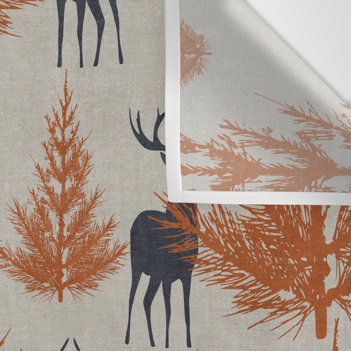 Christmas Trees and Deer, Faux Linen, Pattern, Beige, Terracotta and Blue Wall Tapestry Gallery Image 3