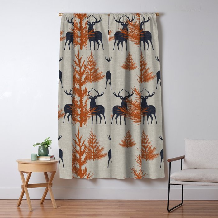 Christmas Trees and Deer, Faux Linen, Pattern, Beige, Terracotta and Blue Window Curtain Gallery Image 5